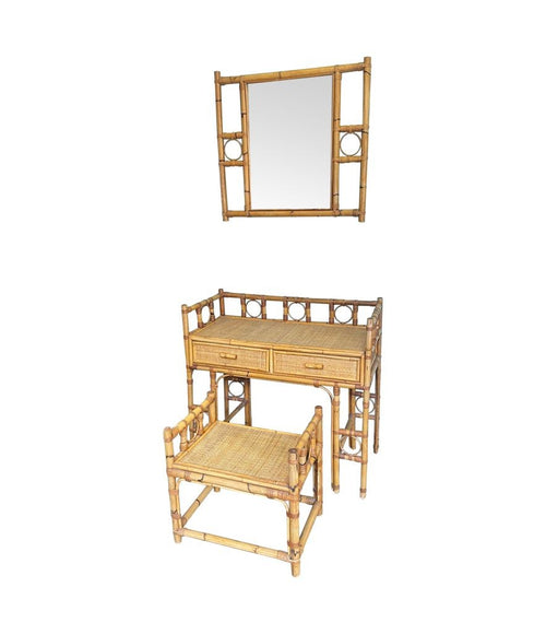 Italian Vintage bamboo & rattan dressing table set with two drawer dressing table, stool and mirror Circa 1970s 