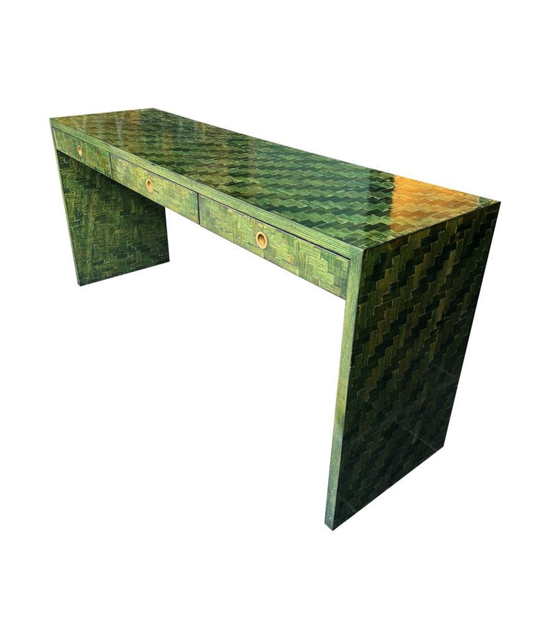 A 1970s woven green rattan three drawer console table by Vivai Del Sud