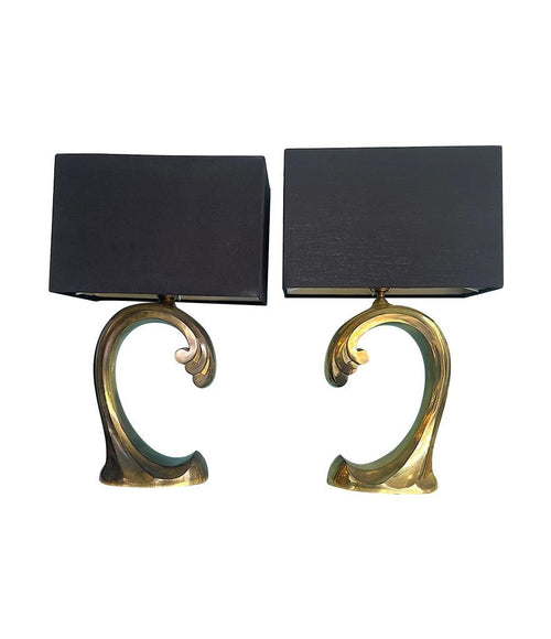 Mid Century table lamps in the form of a Brass Wave  by Regina with black shades - Mid Century Lighting