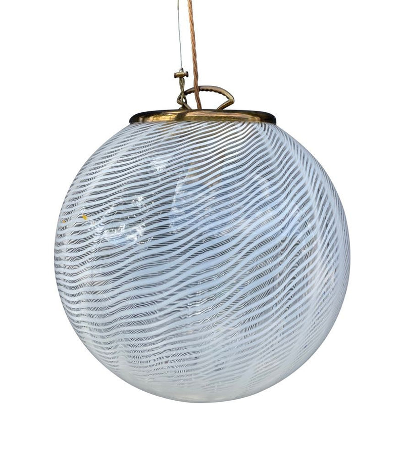 Mid Century Murano Glass Pendant Light by Venini with white wavy swirl design with brass fittings - Mid Century Lighting 