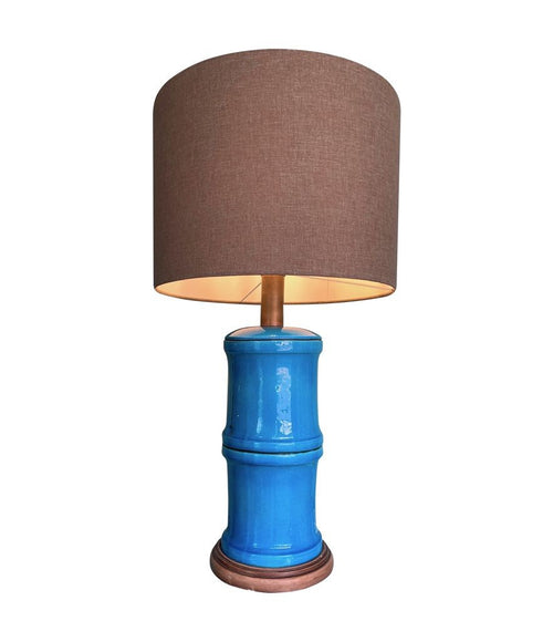 Mid Century table lamp 1970s large Italian faux bamboo ceramic blue lamp with brass fittings - Mid Century Lighting 
