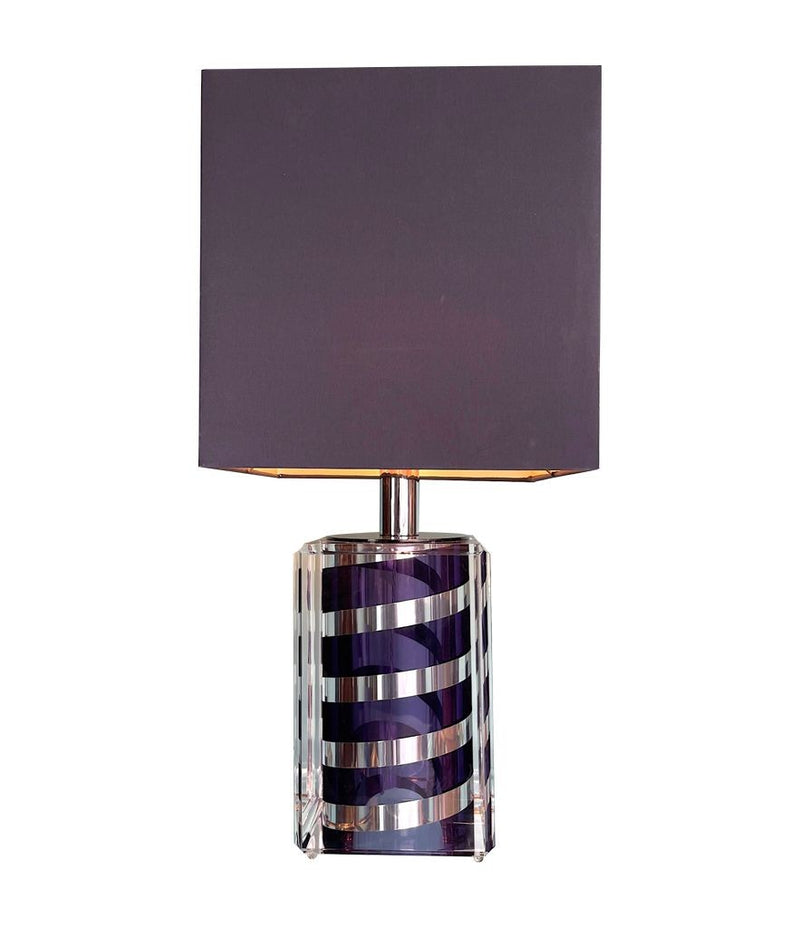 A large Mid Century Table lamp made of lucite and chrome with purple and chrome stripes and a black shade - Mid Century Lighting