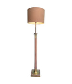 Mid Century Floor Lamp wooden and brass with natural linen drum shade - Mid Century Lighting