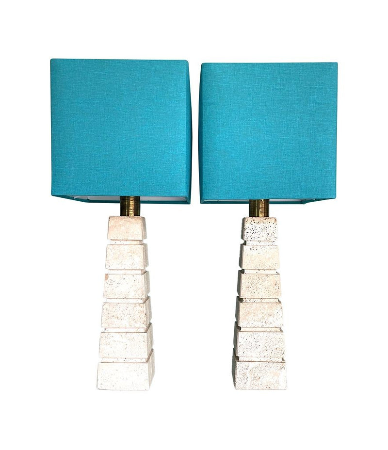 Mid Century table lamps with Travertine bases and brass fittings with blue linen shades - Mid Century Lighting