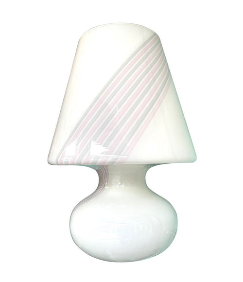 A large Mid Century handmade Murano glass white mushroom lamp with pink and grey striped detail - Mid Century Lighting