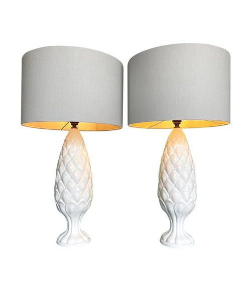 Mid Century Table Lamps white ceramic pineapples - Mid Century lighting - 1970s table lamps