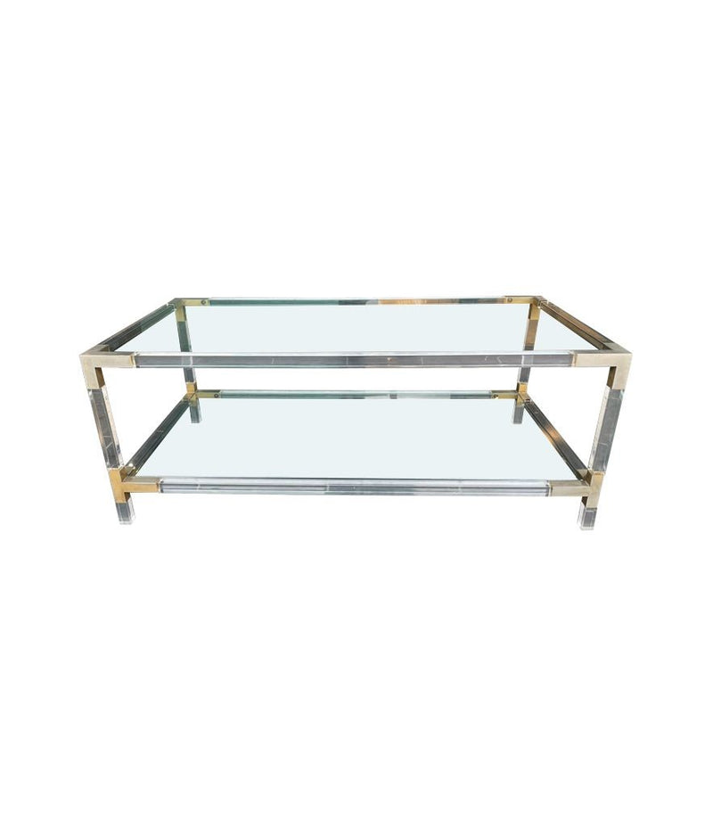 A French Mid Century lucite and brass two tiered coffee table with glass plates - Mid Century Furniture