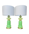 A pair of 1960s Murano glass green opaline lamps with brass base and fittings