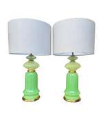 A pair of 1960s Murano glass green opaline lamps with brass base and fittings