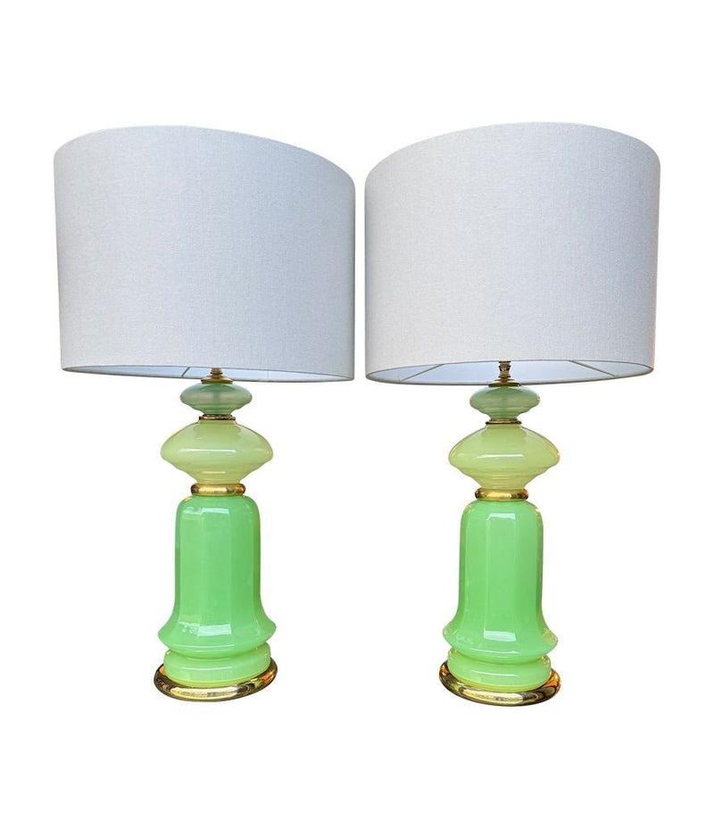 A pair of 1960s Murano glass green opaline lamps with brass base and fittings