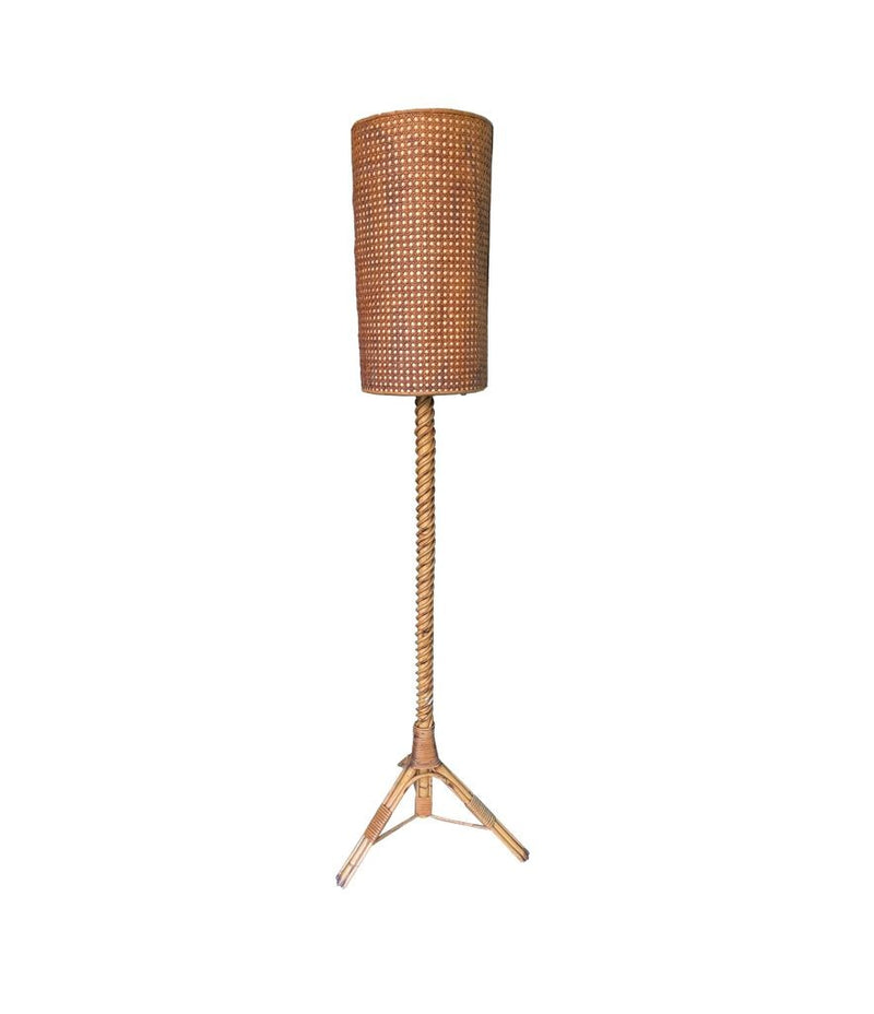 A Mid Century French bamboo floor lamp by Louis Sognot with original bamboo shade - Mid Century Lighting