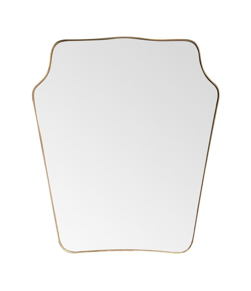 A large original 1950s Italian shield mirror with brass frame, original plate and solid wood back