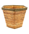 An Italian 1970s woven pencil reed hexagonal bamboo planter with brass top