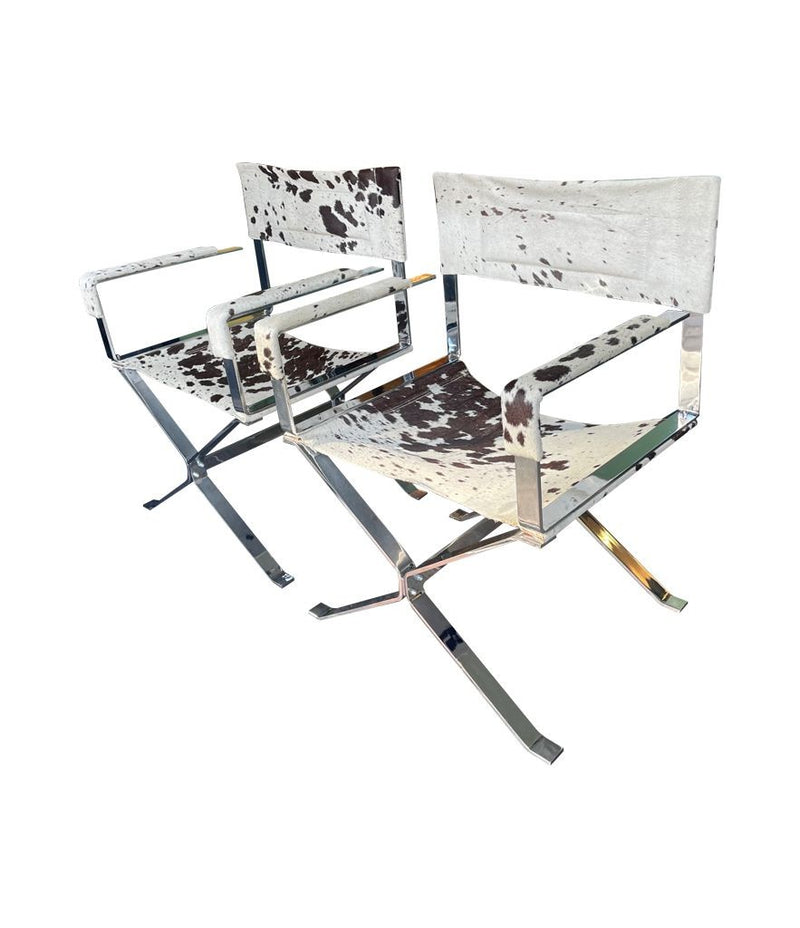 A pair of chrome directors chairs by Alessandro Albrizzi with cowhide seats, arms and backs - Mid Century Furniture