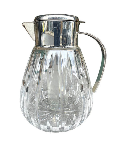 Mid Century Crystal lemonade jug with silver plated handle and central ice tube - Vintage Barware