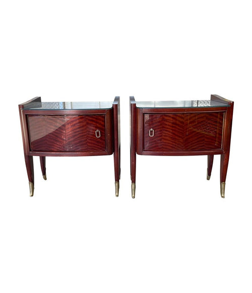 Pair of Art Deco Mahogany bedside tables in the style of Paolo Buffa, Italian, circa 1940s with brass detailing and black glass tops