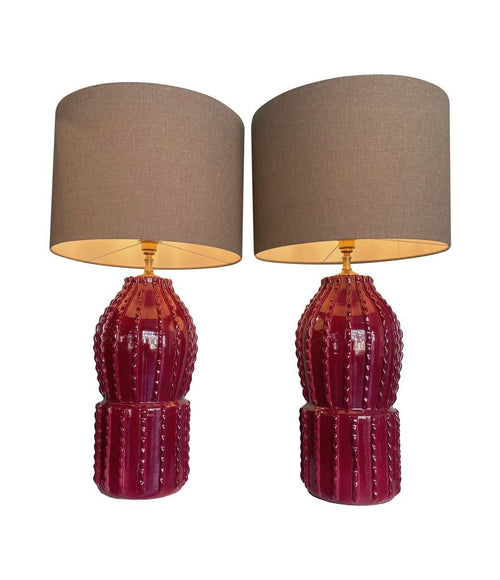 Vintage Italian Ceramic Lamps in deep Bordeaux red - Vintage Lighting - Vintage Lamps - Ed Butcher Antiques Shop London 