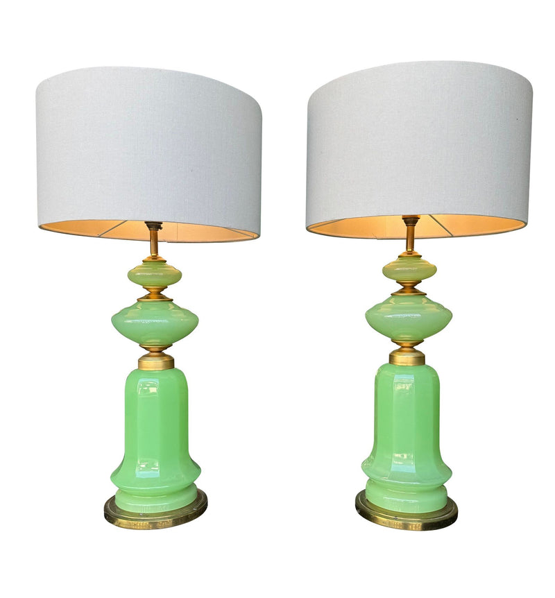 A large pair of 1960s opaline Murano lime green glass lamps by Gino Cenedese