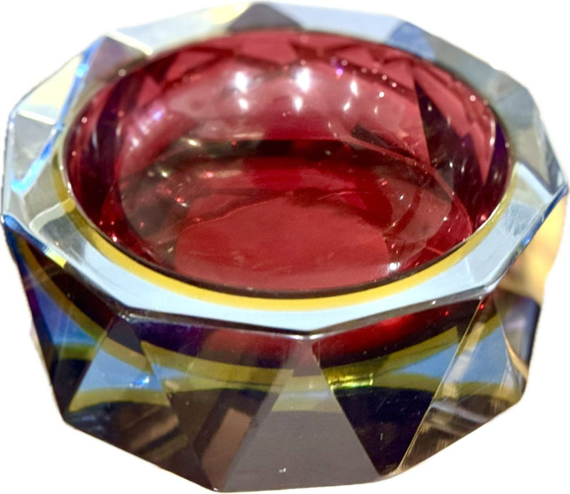 A large heavy 1960s faceted Sommerso Murano glass bowl by Seguso in blue, purple and yellow