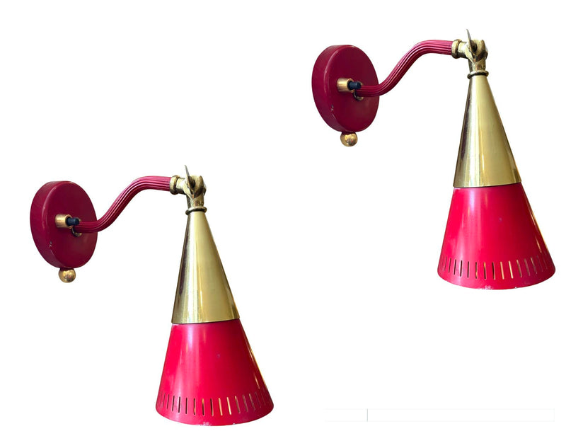A pair of Holm Sorensen 1950s red enamelled metal and brass adjustable wall lights