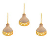 A set of three 1960s French glazed ceramic ceiling lights suspended from thick knotted rope