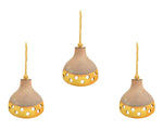A set of three 1960s French glazed ceramic ceiling lights suspended from thick knotted rope