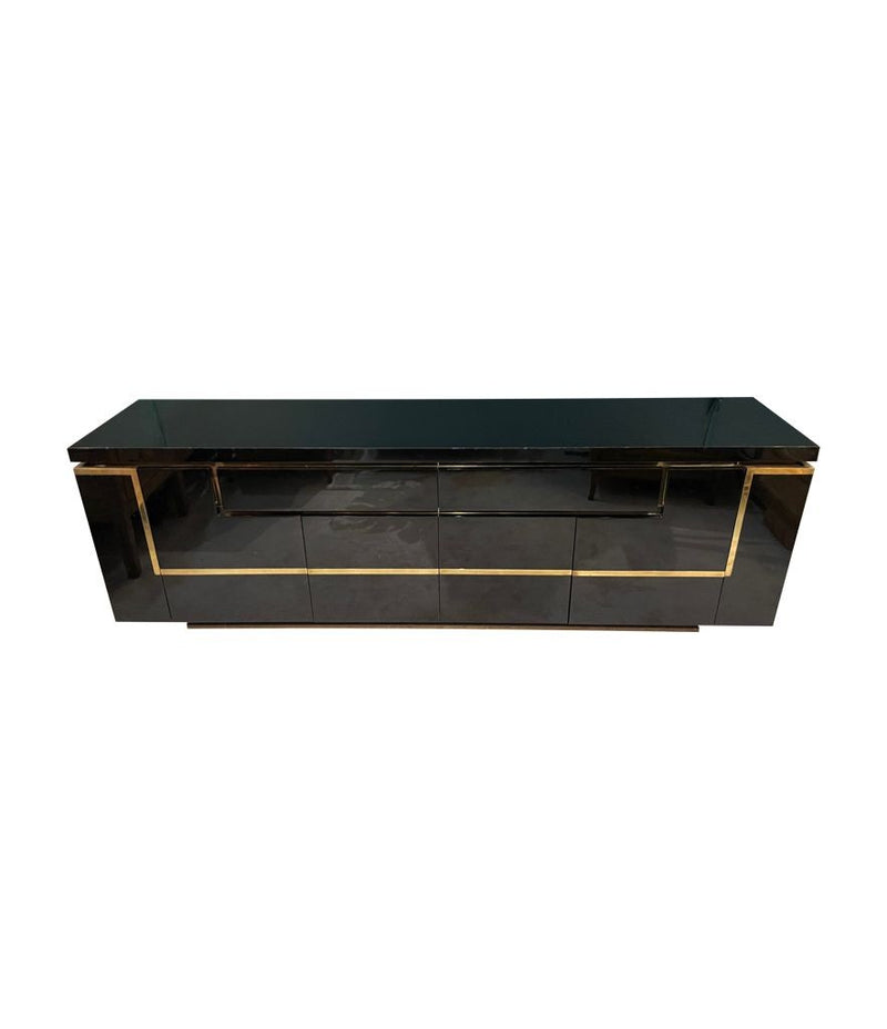 A 1970s vintage black piano lacquer sideboard by Jean Claude Mahey for Roche Bobois with brass detail