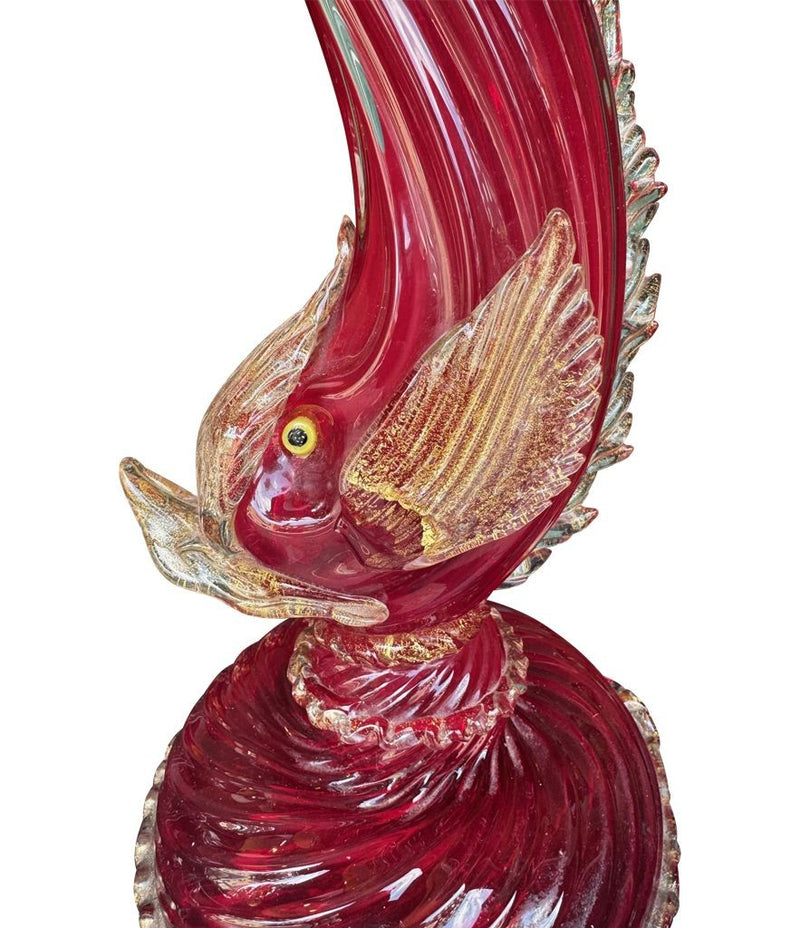 A wonderful pair of 1940s red Murano dolphin lamps by Barovier & Toso