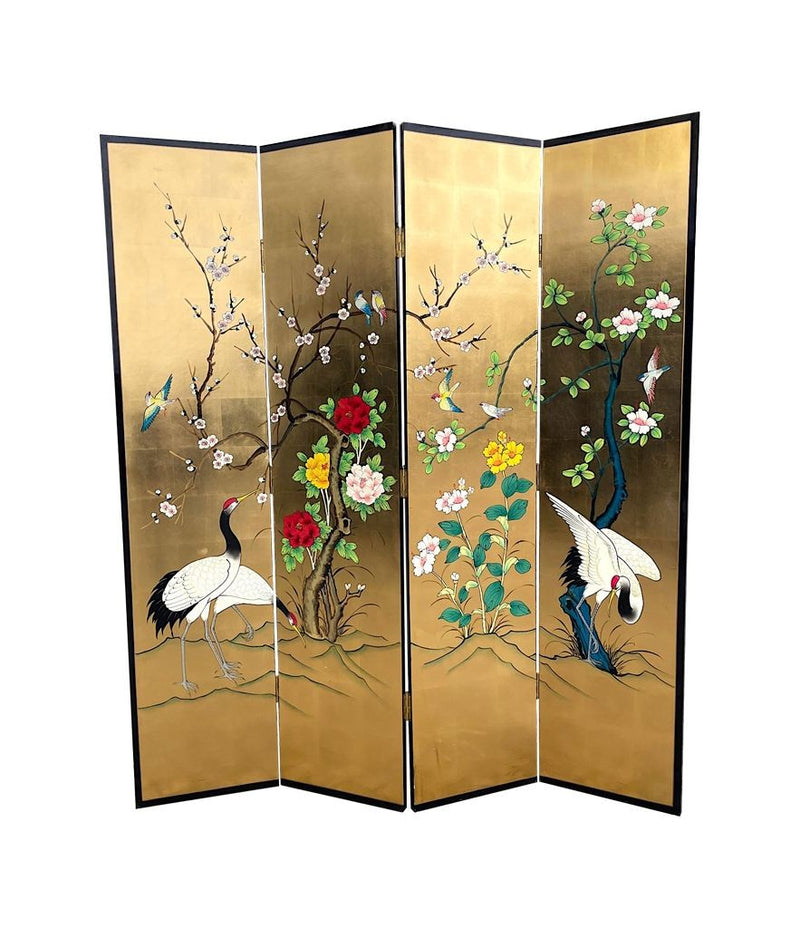 Mid Century Oriental Gold Leaf hand painted screen decorated with cranes, flowers and birds - Mid Century Furniture - Ed Butcher Antiques Shop London