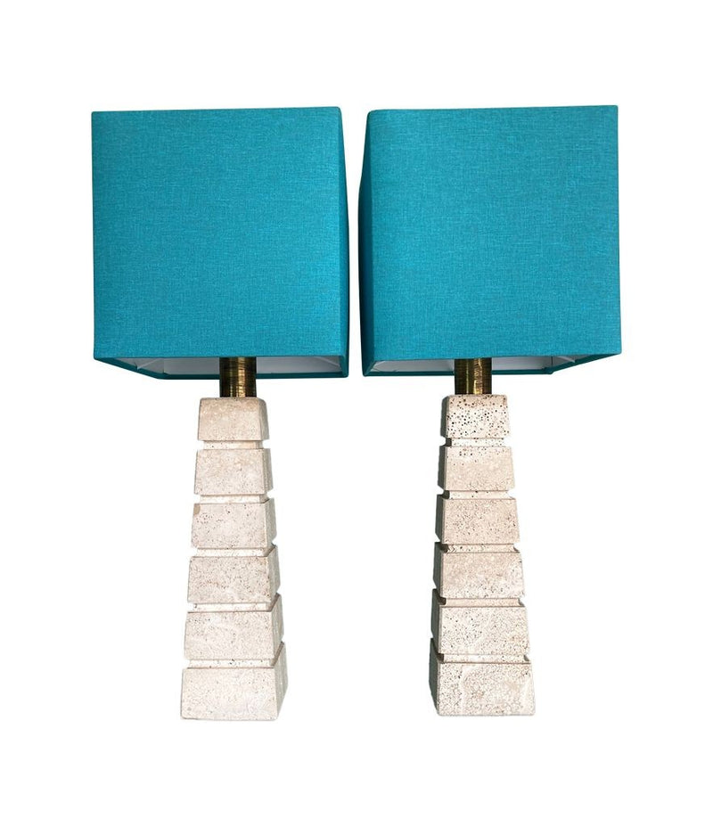 Mid Century table lamps with Travertine bases and brass fittings with blue linen shades - Mid Century Lighting