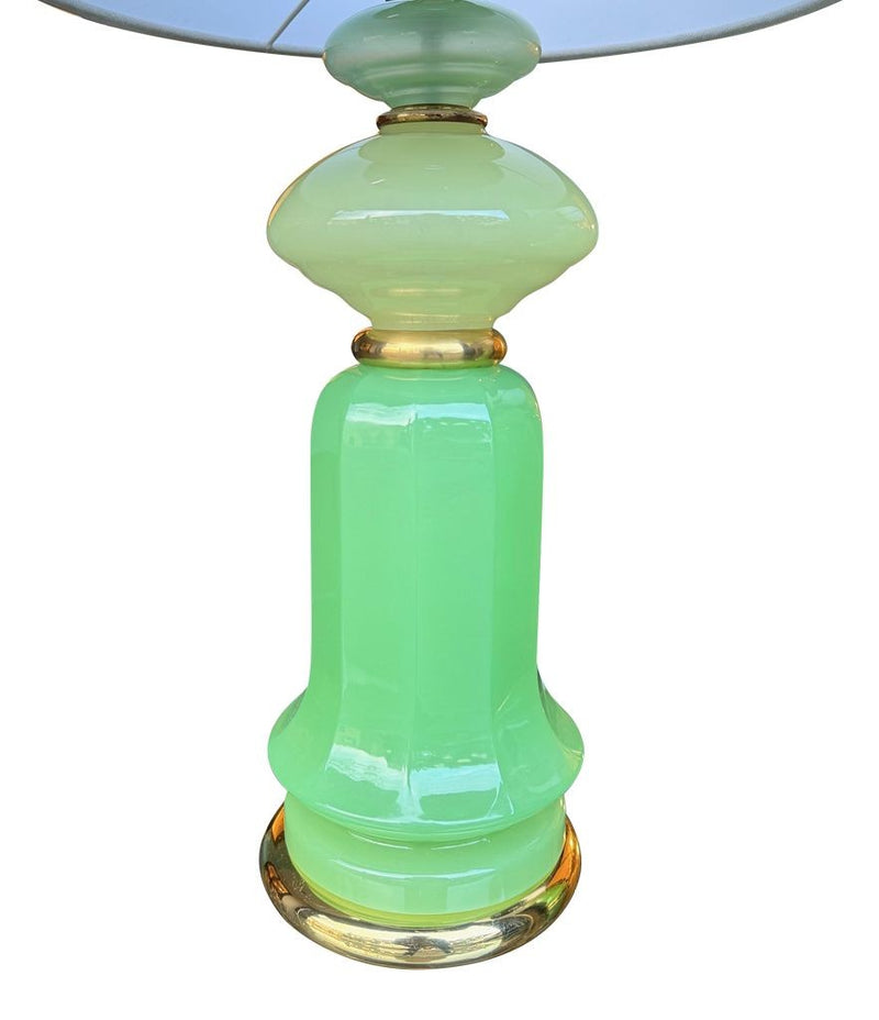 A pair of 1960s Murano glass green opaline lamps with brass base and fittings