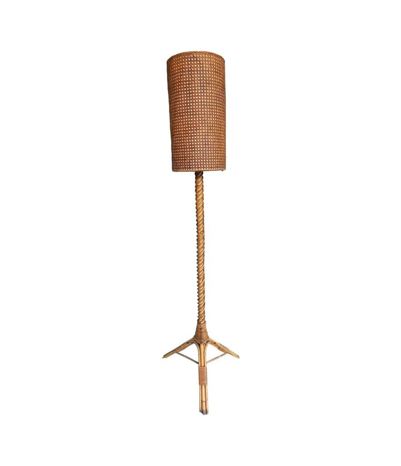 A Mid Century French bamboo floor lamp by Louis Sognot with original bamboo shade - Mid Century Lighting - Mid Century floor lamp