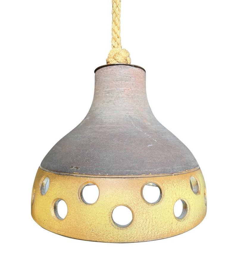 A set of three 1960s French glazed ceramic ceiling lights suspended from thick knotted rope