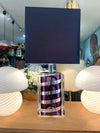 A large Mid Century Table lamp made of lucite and chrome with purple and chrome stripes and a black shade - Mid Century Lighting - 1970s table lamp