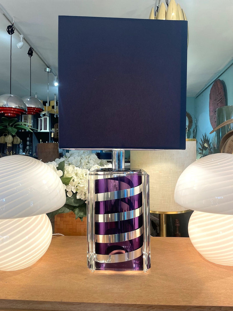 A large Mid Century Table lamp made of lucite and chrome with purple and chrome stripes and a black shade - Mid Century Lighting - 1970s table lamp