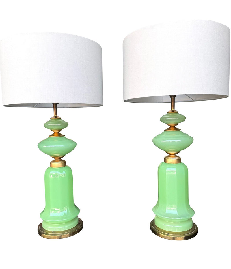 A large pair of 1960s opaline Murano lime green glass lamps by Gino Cenedese