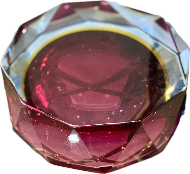 A large heavy 1960s faceted Sommerso Murano glass bowl by Seguso in blue, purple and yellow