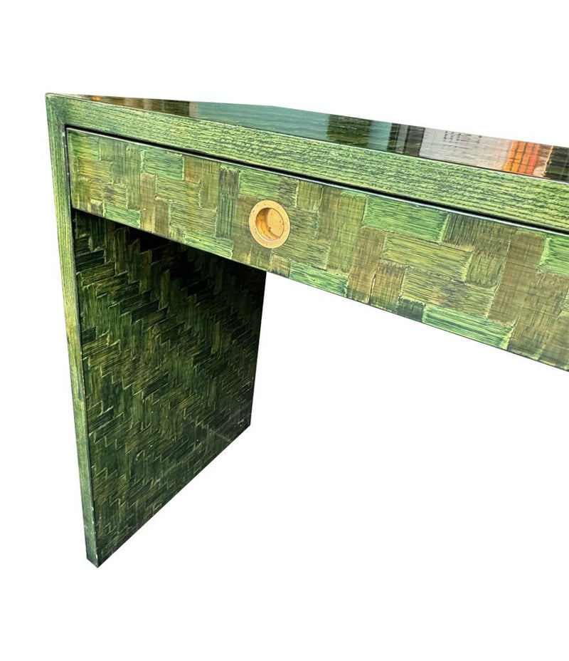 A 1970s woven green rattan three drawer console table by Vivai Del Sud