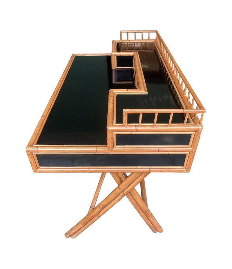 Mid Century Bamboo, brass and black laminate desk with galleried top - Mid Century Furniture - Ed Butcher Antiques Shop London