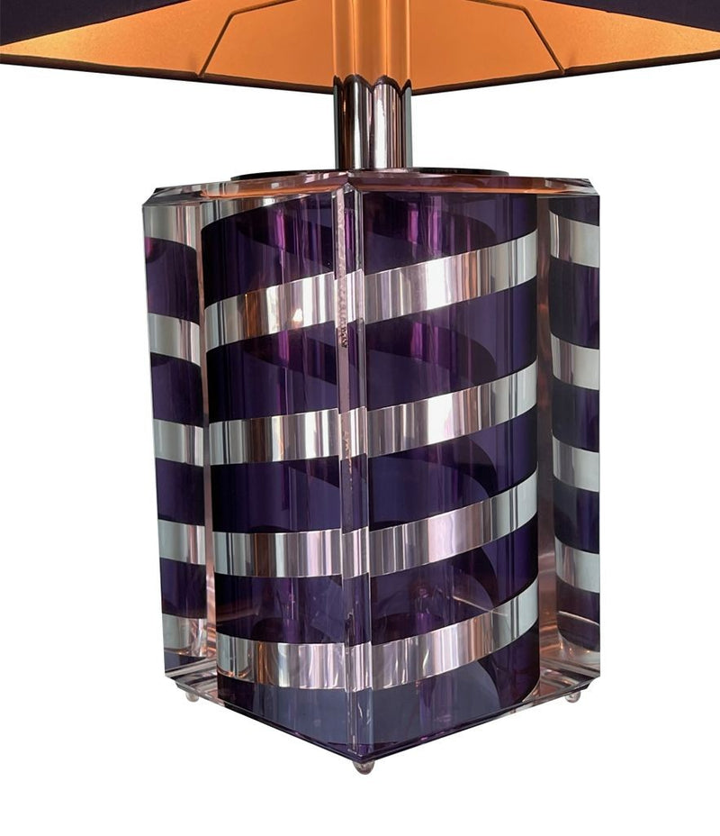 A large Mid Century Table lamp made of lucite and chrome with purple and chrome stripes and a black shade - Mid Century Lighting