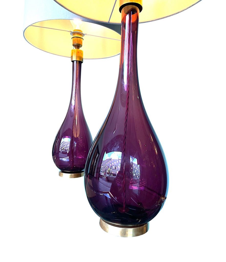 Pair of Italian Purple Murano Glass and Brass Teardrop Shaped