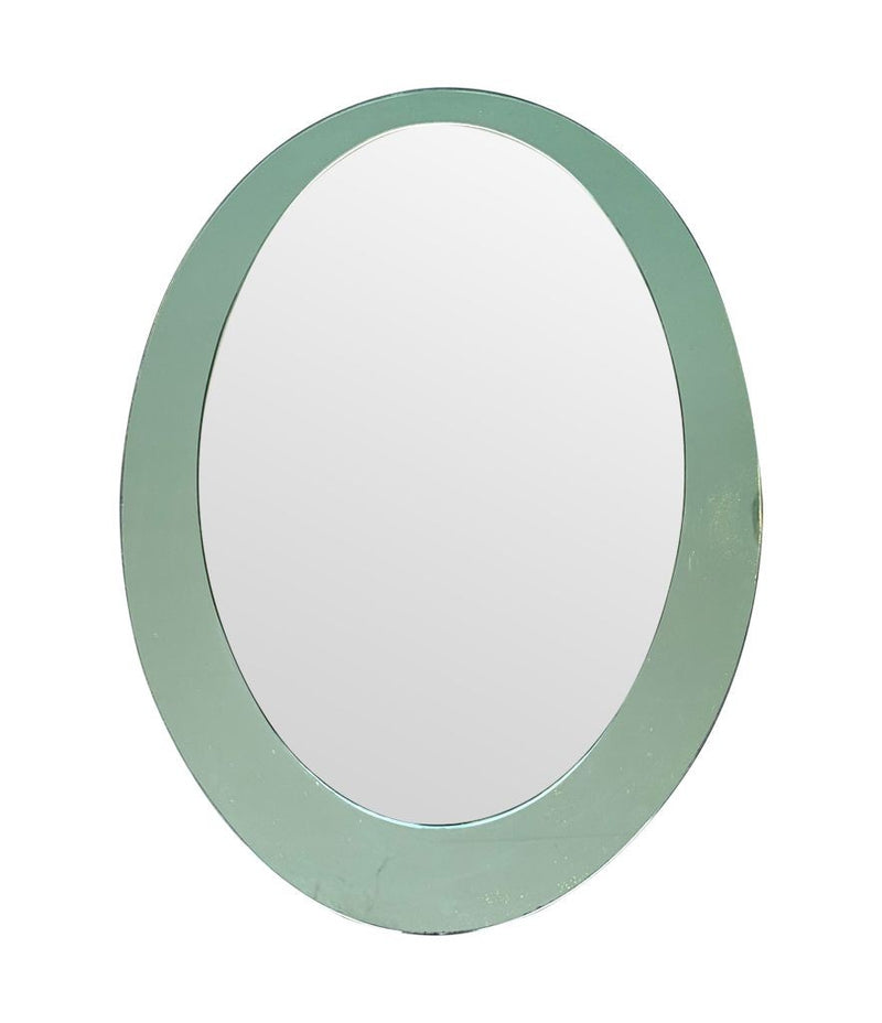 An Italian 1960s Crystal Arte oval mirror with pastel mint green mirrored frame