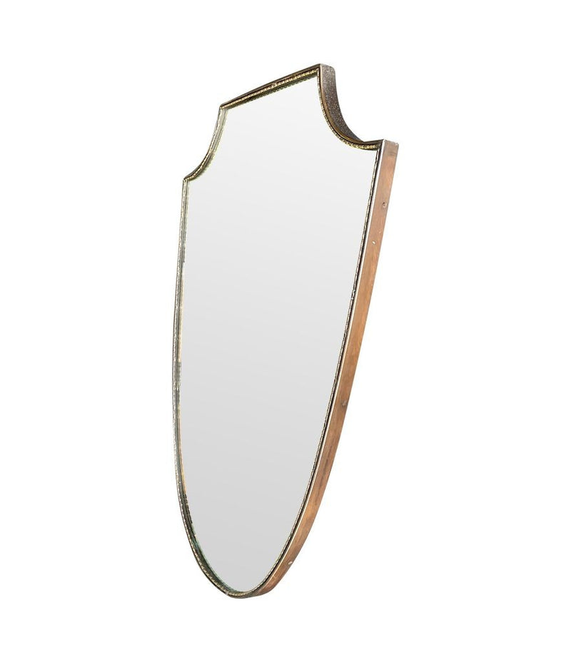 An orignal Italian 1960s brass shield mirror with beaded inner frame detail