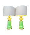 A pair of 1960s Murano glass green opaline lamps with brass base and fittings
