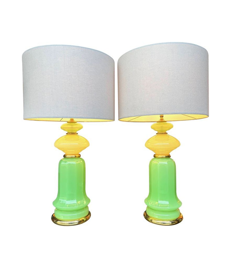 A pair of 1960s Murano glass green opaline lamps with brass base and fittings