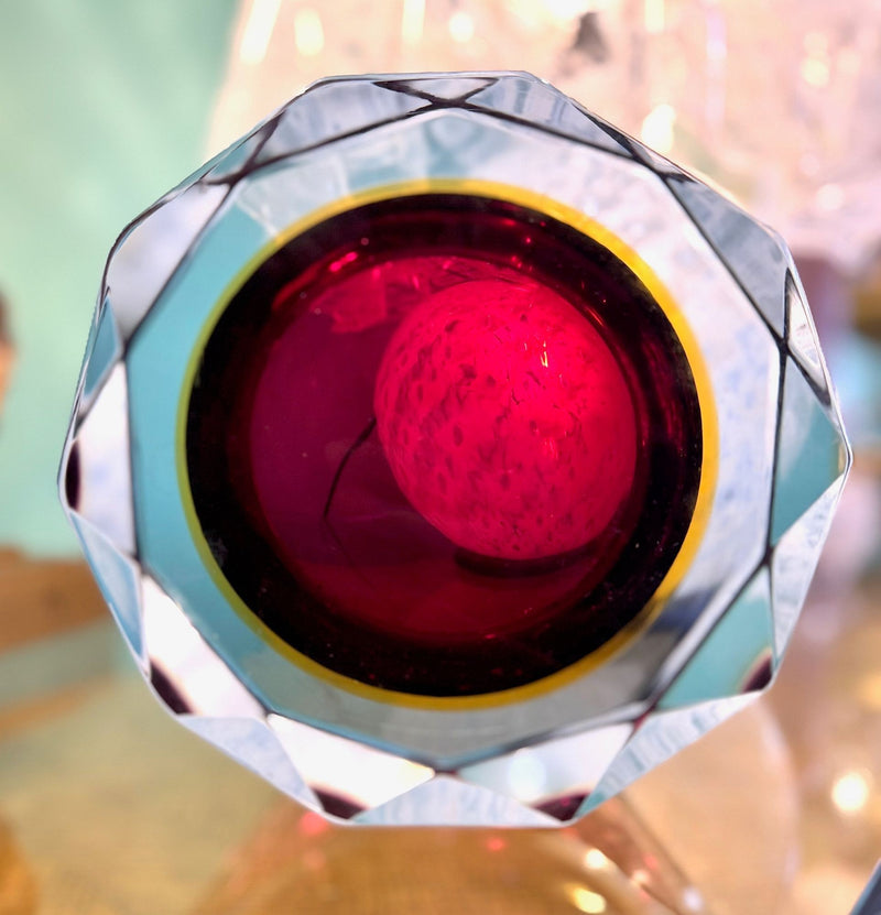 A large heavy 1960s faceted Sommerso Murano glass bowl by Seguso in blue, purple and yellow