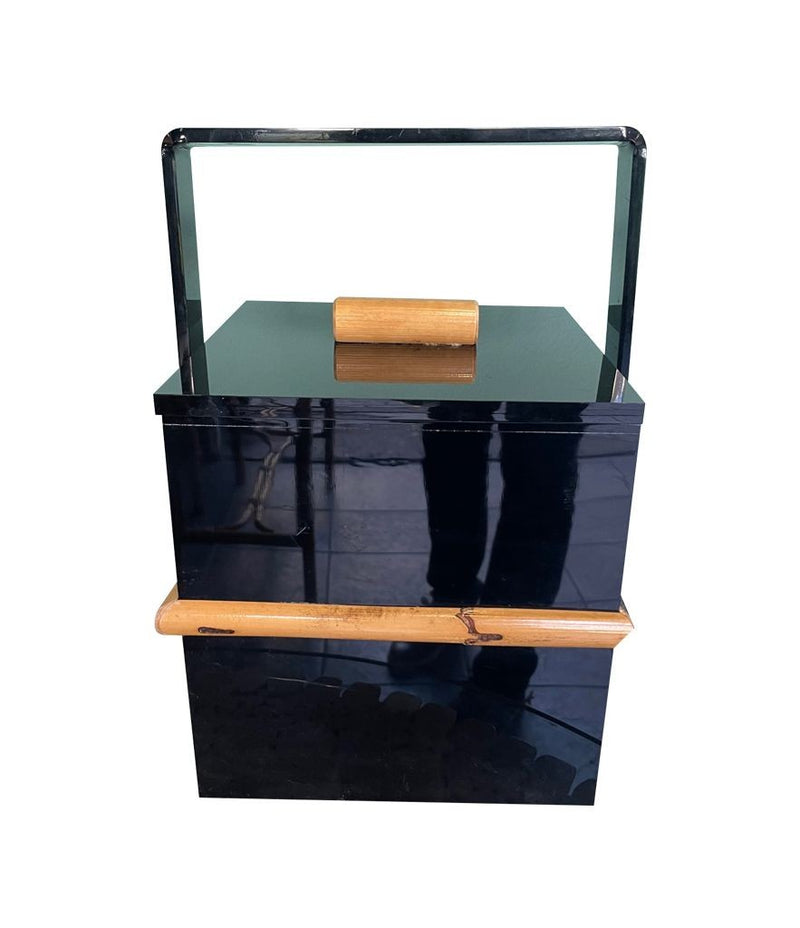A Mid Century Italian bar set comprising an ice bucket with lid and bottle holder in black perspex with bamboo detail - Ed Butcher Antiques Shop London