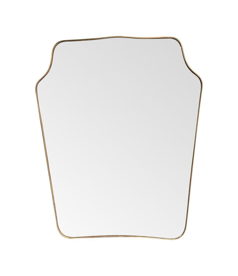 A large original 1950s Italian shield mirror with brass frame, original plate and solid wood back