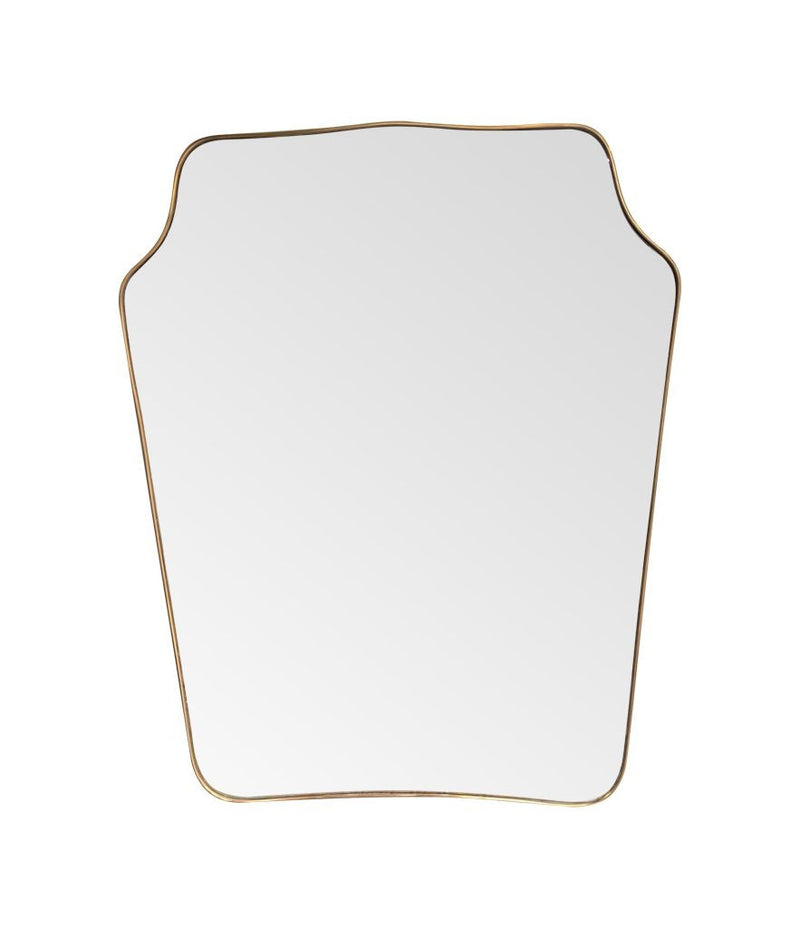 A large original 1950s Italian shield mirror with brass frame, original plate and solid wood back