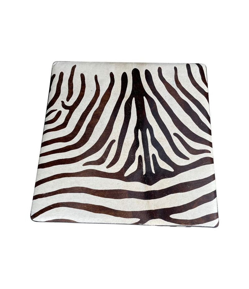 cowhide covered ottoman or coffee table with printed zebra skin design - Ed Butcher Antiques Shop London